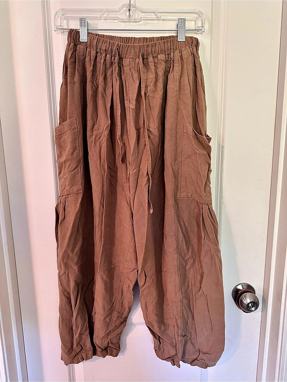 Tarse Women'Small Linen Blend Harem Cargo Pants Brown Small
